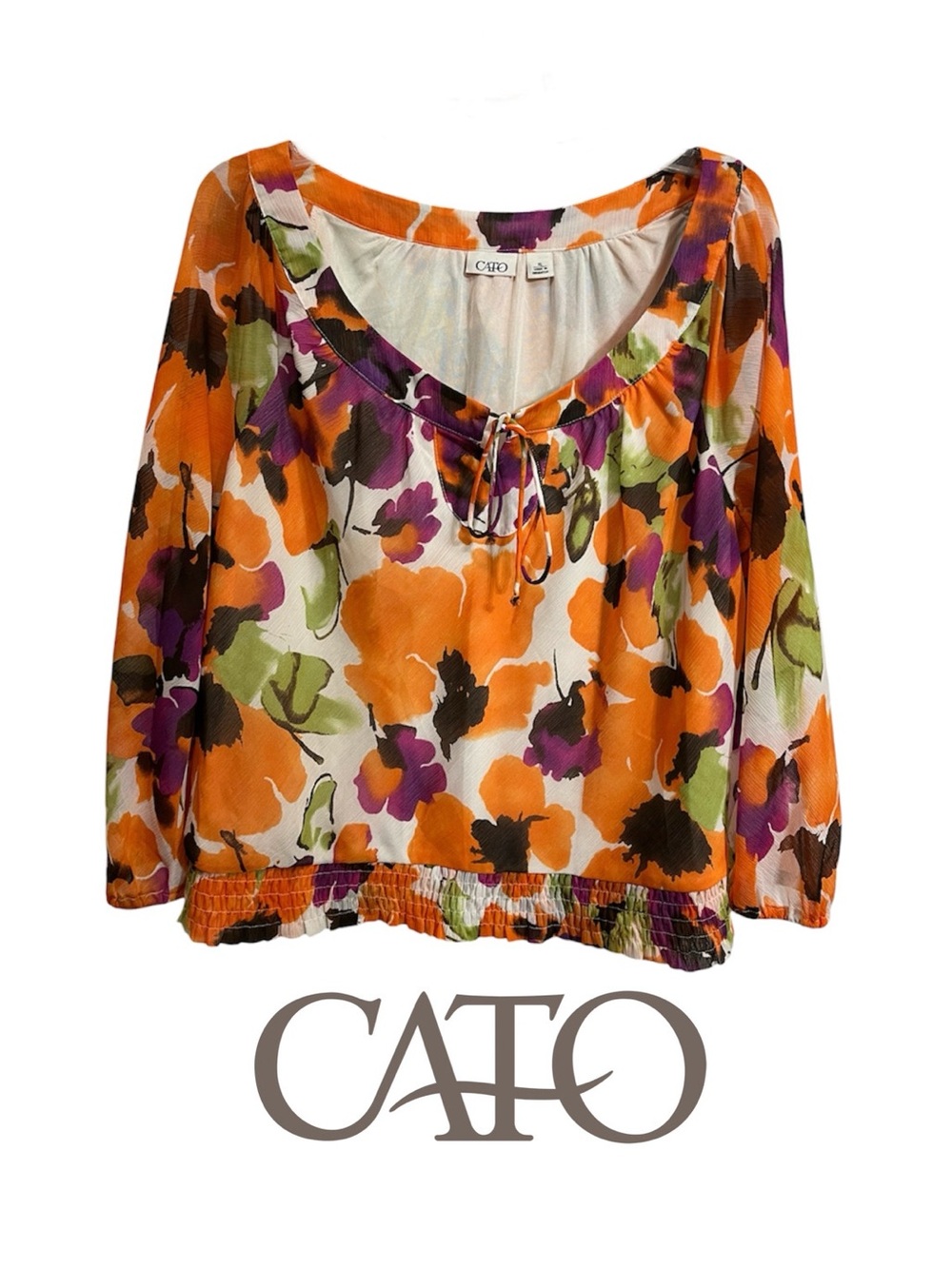 Beautiful Cato Orange Floral Tie-Neck Peasant Top